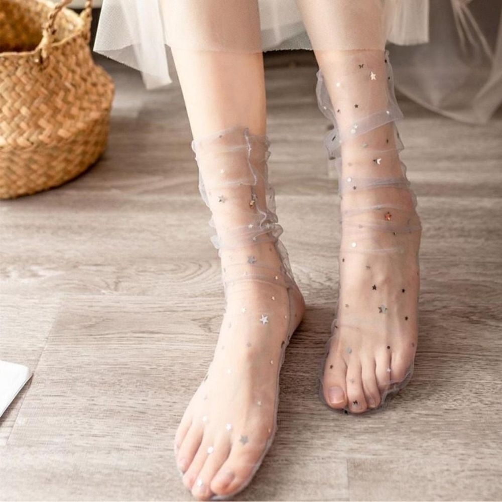 2/$20 Brand New Light Grey Lace With Stars Stocking Tights Socks